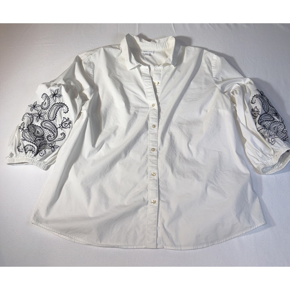J Jill White Embroidered Blouse Womens Size Top 3/4 Sleeve Cotton Linen Boho